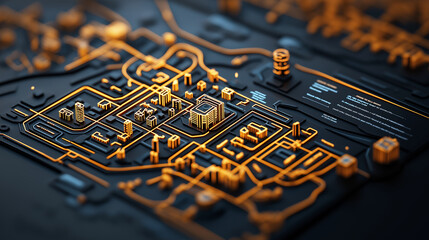 Poster - detailed urban map with glowing orange lines and buildings