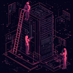 Poster - A digital illustration showing technicians working on a server rack, with a futuristic design and a dark background, emphasizing technology and data management.