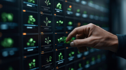 Poster - hand selecting green technology plants on digital display
