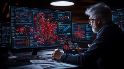 Poster - digital security expert analyzing data on multiple screens, focused and engaged