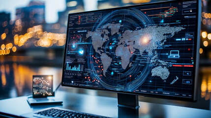Fototapete - digital screen displaying global data and analytics updates
