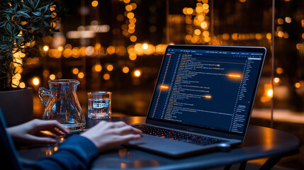 Leinwandbilder - laptop displaying coding script in cozy, illuminated setting