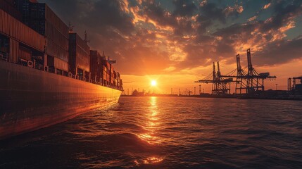 Poster - A stunning sunset casts vibrant colors over a harbor, with a cargo ship and cranes silhouetted against the sky, reflecting on the water's surface.
