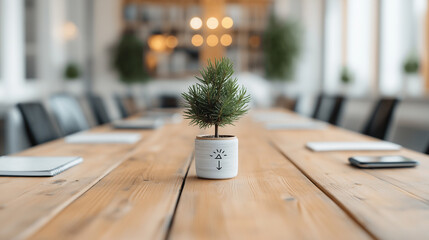 Poster - small potted plant on wooden conference table in modern office