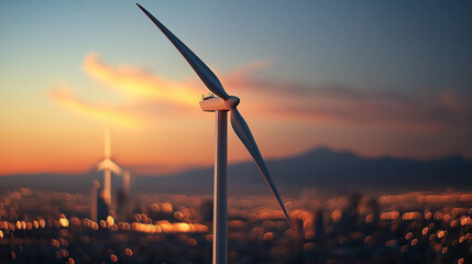Poster - wind turbine stands tall against stunning sunset backdrop, showcasing renewable energy