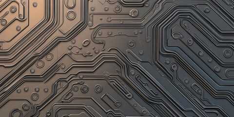 Poster - A close-up view of a circuit board showcasing intricate patterns of pathways and connections in a metallic finish.