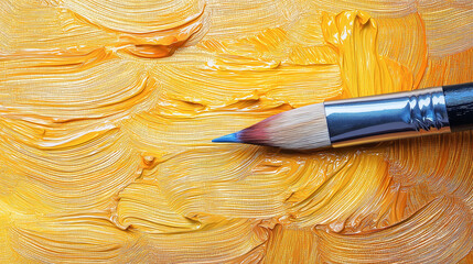Fototapete - Vibrant yellow paint with brush, showcasing artistic creativity and texture