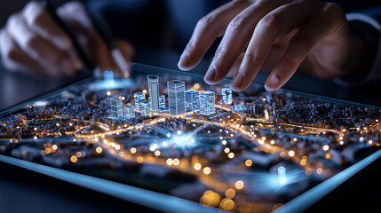 Leinwandbilder - Urban planning meeting with professionals analyzing digital city model
