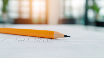 Aufkleber - close up of orange pencil resting on architectural blueprints, symbolizing creativity and design