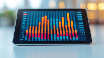 Poster - Close up of digital tablet displaying colorful data visualization charts