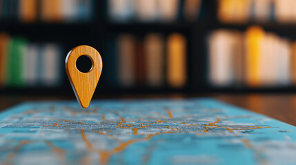 Poster - wooden location pin on city map with blurred books in background