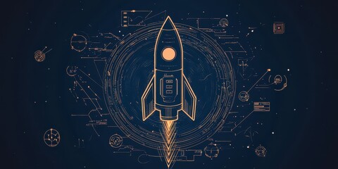 Poster - a stylized rocket graphic surrounded by technical icons, representing innovation, technology, and sp