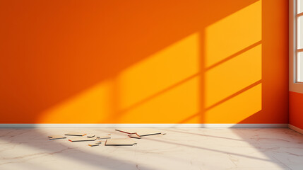 Poster - bright orange room with sunlight casting shadows on floor, creating serene atmosphere