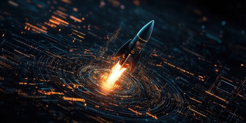 Poster - a futuristic rocket launches from a vibrant, swirling landscape, emitting bright flames and light ag