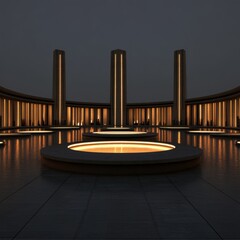 Poster - Illuminated circular plaza with tall columns at night.