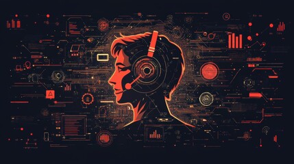 Poster - A digital illustration of a person wearing headphones, surrounded by data visuals and technology-inspired graphics, symbolizing communication and information processing.