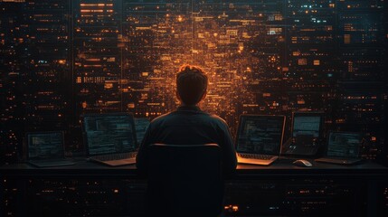 Fototapete - A figure sits before multiple screens, illuminated by a vibrant cityscape, embodying themes of technology, data, and urban life in a futuristic setting.