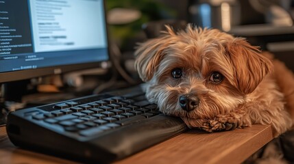 Poster - A cute dog resting its head on a computer keyboard, surrounded by a cozy workspace, creating a charming blend of technology and companionship.