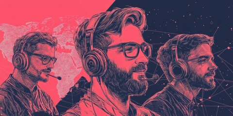 Poster - A digital illustration of three men wearing headsets, showcasing a tech-savvy environment with a vibrant pink and dark background.
