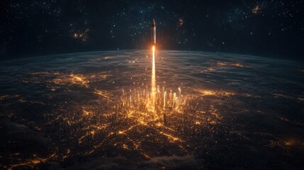 Poster - A stunning visual of a bright, vertical beam emerging from a city, illuminating the night sky with a dynamic glow.
