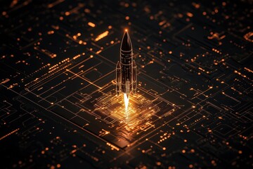Poster - A glowing rocket launches from a digital circuit board, symbolizing innovation and technology in a futuristic setting.