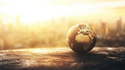 Wall Mural - Globe on rugged surface at sunrise, with city skyline in background