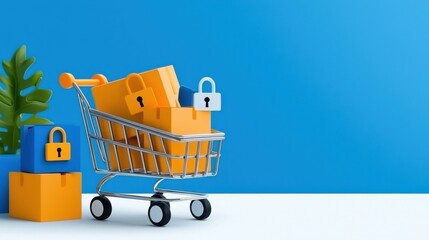 Wall Mural - Shopping cart with locked packages on a bright blue background representing online shopping e commerce and secure digital transactions