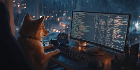 Poster - A cozy scene featuring a dog at a computer, surrounded by rain and city lights, creating a whimsical atmosphere of coding and companionship.