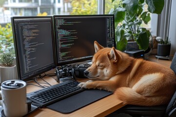Aufkleber - A cozy Shiba Inu rests on a desk beside dual monitors displaying code, surrounded by greenery and a coffee cup, blending work and comfort beautifully.