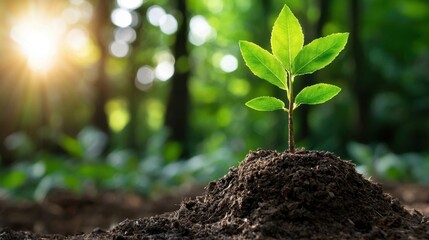 Closeup of a lush green plant sprout emerging from fertile soil in a sunlit forest or garden environment symbolizing growth renewal and the cycle of life in a natural sustainable ecosystem