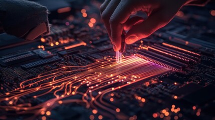Fototapete - A close-up of a hand manipulating a circuit board, illuminated by vibrant lights, showcasing intricate technology and electronic connections.