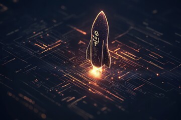 Poster - a glowing rocket launching from a digital circuit board, symbolizing innovation and technology in sp