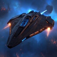 Poster - Futuristic spaceship in deep space, flying through nebula.