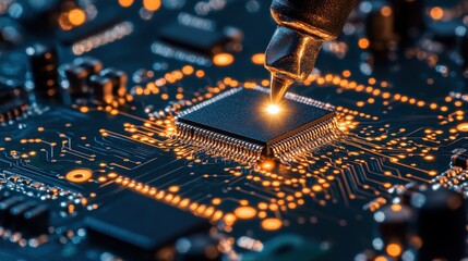 Poster - A close-up view of a circuit board, highlighting a microchip being inspected or repaired with a tool, surrounded by glowing connections.
