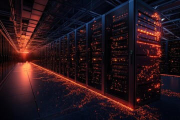 Poster - A futuristic data center illuminated by glowing lights, showcasing rows of server racks with a dynamic and high-tech atmosphere.