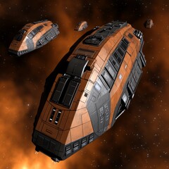Poster - Three orange spaceships fly through a nebula.