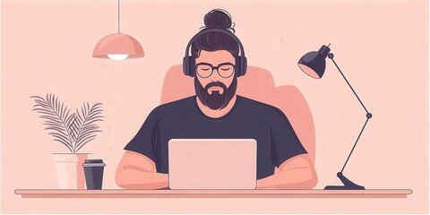 Aufkleber - A man with headphones works intently on a laptop at a cozy desk with a plant and a lamp, set against a soft pink background.