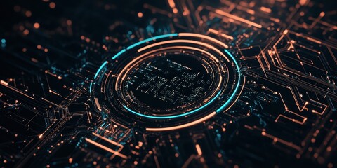 Aufkleber - A vibrant, abstract depiction of a digital circuit board, featuring glowing lines and a central circular design, suggesting technology and innovation.