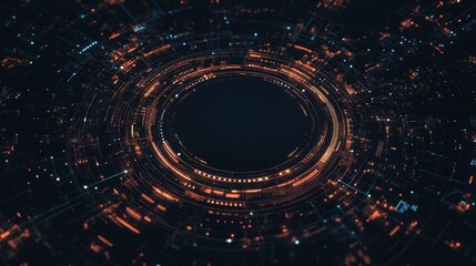 Poster - A mesmerizing aerial view of a circular urban landscape illuminated by vibrant lights, creating a captivating visual effect.