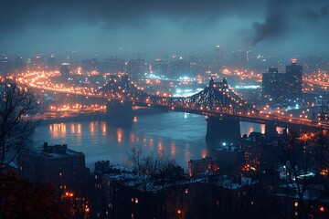 Wall Mural - Night cityscape with bridge, river, and city lights reflecting on water.