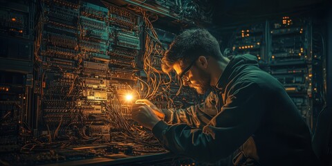 Poster - A technician inspects intricate circuitry, illuminated by a warm glow, showcasing a blend of technology and craftsmanship in a dimly lit environment.
