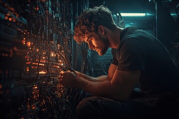 Aufkleber - A focused technician works on complex electronics, illuminated by glowing wires, capturing the essence of modern technology and innovation.
