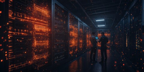 Poster - A dimly lit data center featuring glowing orange digital displays and two individuals inspecting the technology.