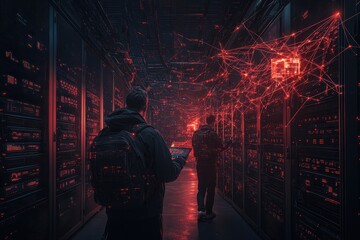 Poster - A dimly lit data center with two figures, illuminated by red light and digital network graphics, exploring advanced technology and data connections.
