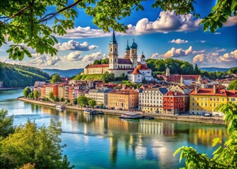 Wall Mural - Stunning Panorama of Passau, Germany: A Scenic View of the Historic Cityscape with the Confluence of Rivers and Beautiful Architecture Under a Clear Blue Sky