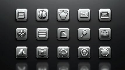 sleek metallic app icons on dark background.