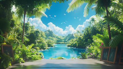 Poster - A vibrant tropical scene featuring lush greenery, a serene river, and a bright blue sky, creating a picturesque natural landscape