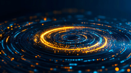 Poster - A vibrant abstract digital swirl of glowing lights and patterns in blue and orange tones, suggesting energy and movement