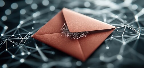 Poster - Red envelope digital backdrop concept. A digital envelope on a network background symbolizes communication and connectivity in the modern digital age.