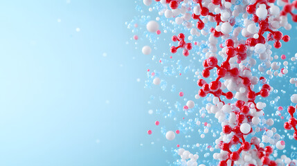 Poster - A vibrant digital illustration depicting molecular structures in red and white, scattered against a soft blue background, suggesting scientific themes